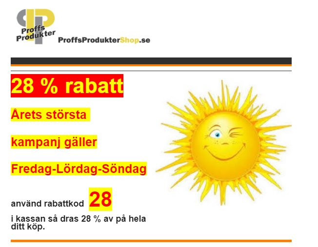 Reklam för 28 % rabatt hos ProffsProdukterShop med en leende sol och rabattkod "28".