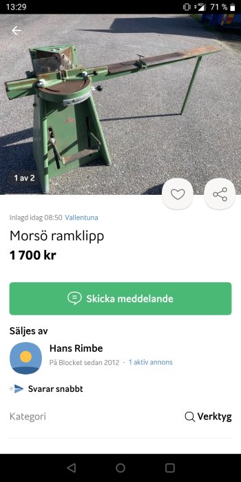 Grön Morsö ramklipp på asfalt under dagsljus, till salu för byggprojekt.