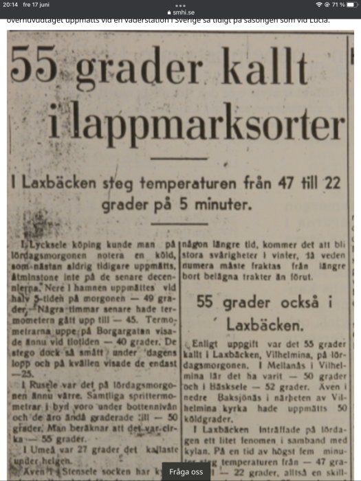 Utsnitt av en tidningsartikel som visar en text om temperaturer på -55 grader kallt i Lappmarksorter.