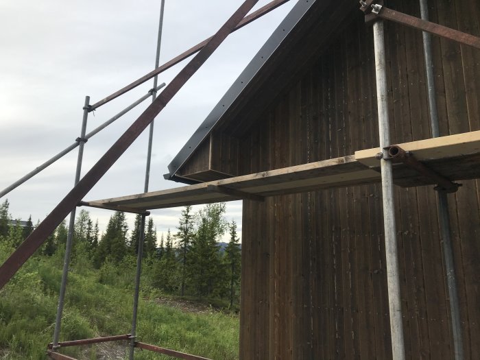 Delvis byggda träkonstruktioner för takfot vid mörkbrun byggnad med skog i bakgrunden och byggställning i förgrunden.