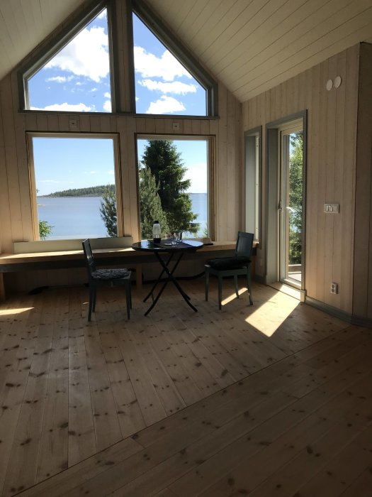 Inredning av ett vardagsrum med trägolv, stora fönster mot sjöutsikt och en matplats.