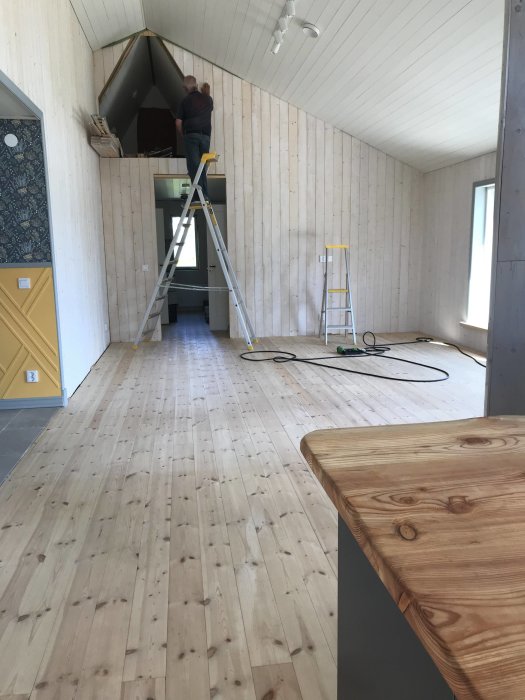 Inredning av trä med person som arbetar på stege vid vägg, nytt golv av träbrädor med angiven bredd.