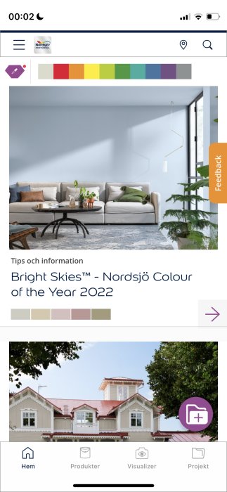 Skärmavbild av Nordsjös färgvalsapp med palett och rum i färgen Bright Skies™, Årets Nordsjö Färg 2022.