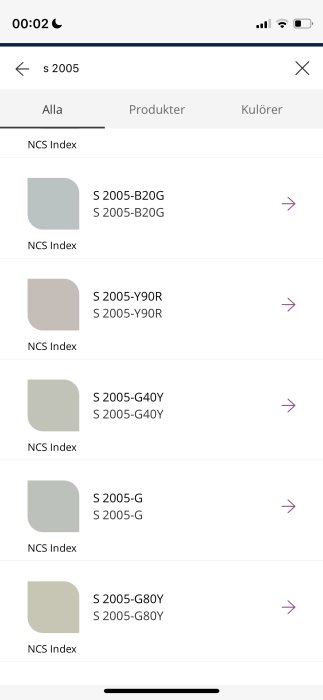 Skärmavbild av Nordsjös expertapp som visar olika nyanser av färgkod S 2005, bland annat S 2005-B20G och S 2005-G80Y.