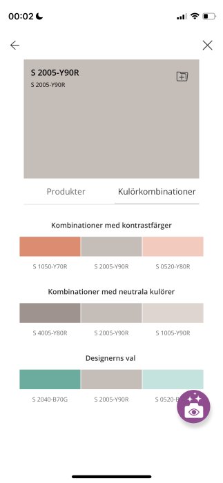 En skärmdump av Nordsjös färgväljarapp med olika nyanser och kombinationer av kulörer.