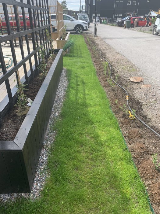 Smal gräskorridor med begränsningskabel bredvid blomlåda och förberedd yta för marksten.