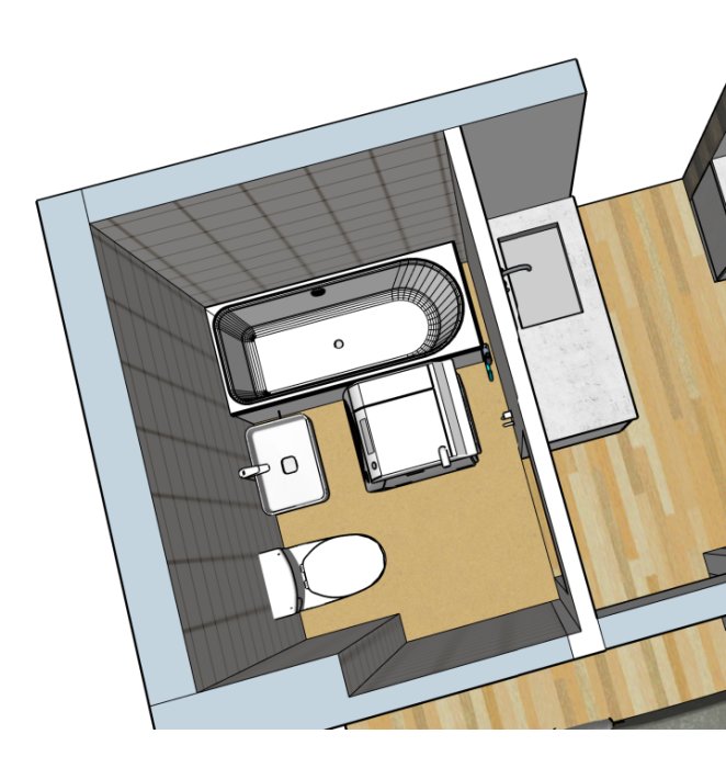 Översiktsplan av ett badrum och angränsande yta tänkt för köksinstallation, med markerade ledningsvägar.