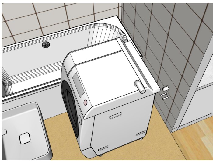 Illustration av ett badrum med ett badkar och en tvättmaskin, planerat för VVS-arbete för köksinstallation.