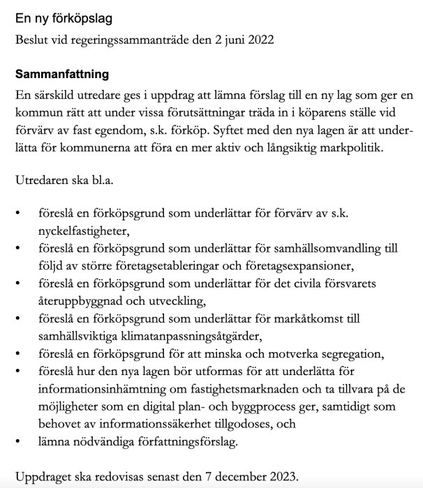 Dokument med sammanfattning av en ny föreslagen lag för kommuners förköp av fastigheter, daterat 2 juni 2022.