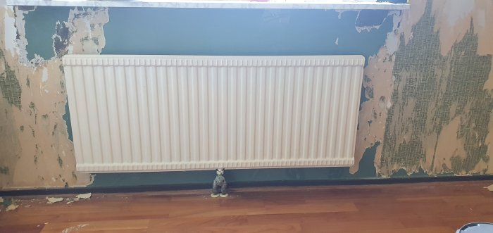 Radiator framför en delvis avriven tapetvägg i ett renoveringsprojekt i ett sovrum.