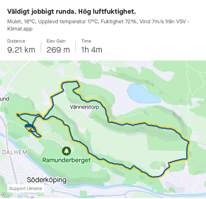 Skärmklipp av en löprunda kartapp visar rutt på 9.21 km med 269 m höjdvinst på 1h 4m.