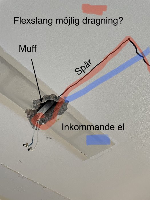 Bild av ett lamputtag med markerad möjlig dragning för flexslang, muffens placering och inkommande el i betongbjälklag.