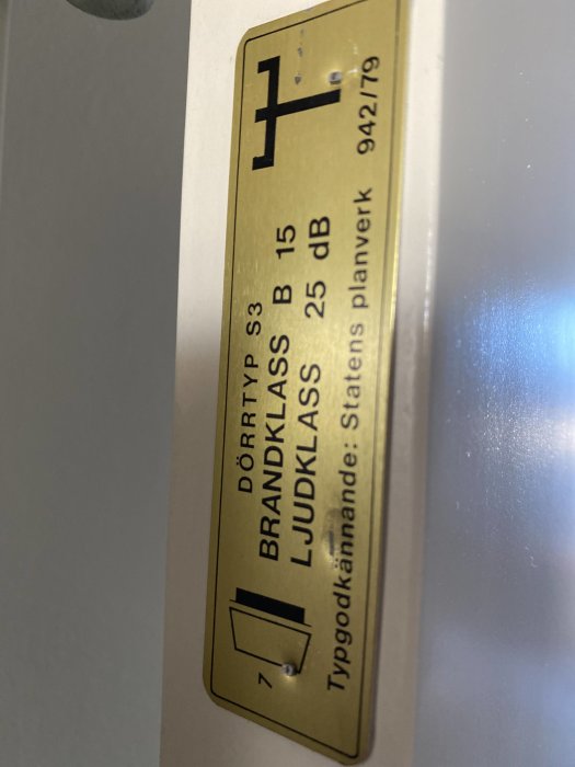 Metallskylt på dörr med text "Dörrtyp S3, BRANDKLASS B 15, LJUDKLASS 25 dB", visar brand- och ljudisolering normer från 1980-talet.