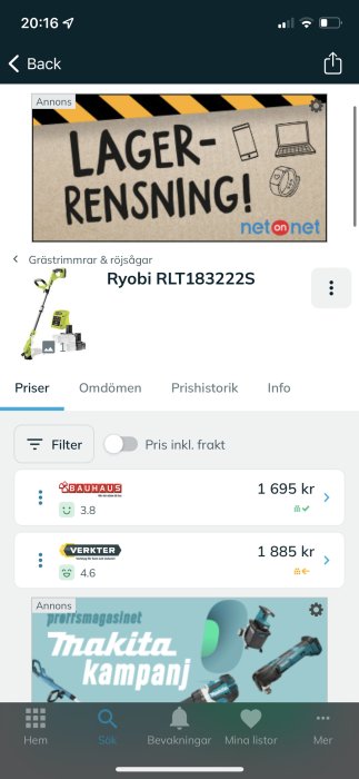 Skärmbild av en Ryobi RLT183222S grästrimmer på en produktjämförelsesida med priser och betyg.