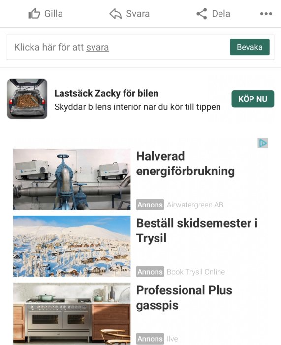 Annonser för en lastskyddssäck för bilen, energieffektiva luftbehandlingslösningar, skidsemester och en gaspis.