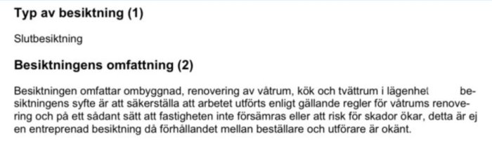 Textdokument om slutbesiktning med information om ombyggnad och renovering av våtrum, kök och tvättrum enligt gällande regler.