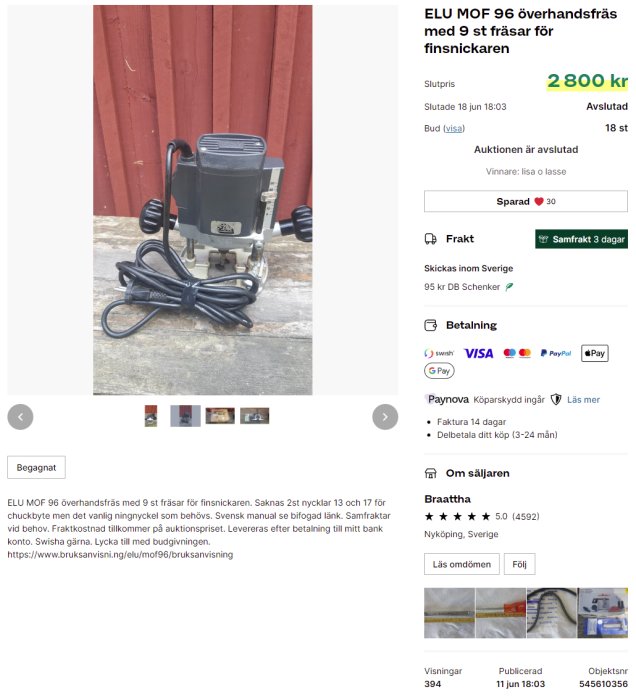 Begagnad ELU överhandsfräs med sladd upplagd mot en röd vägg och betonggolv.