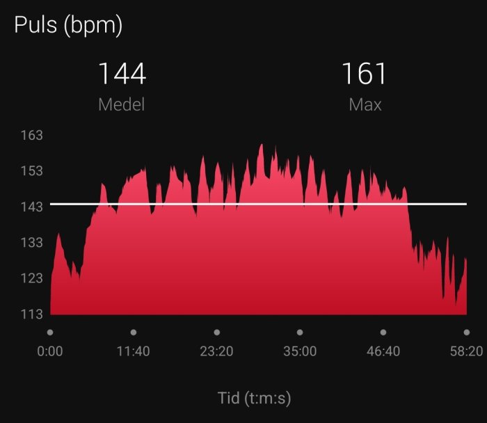 Graf över hjärtfrekvens med värden för medel och max pulsbpm över tid.