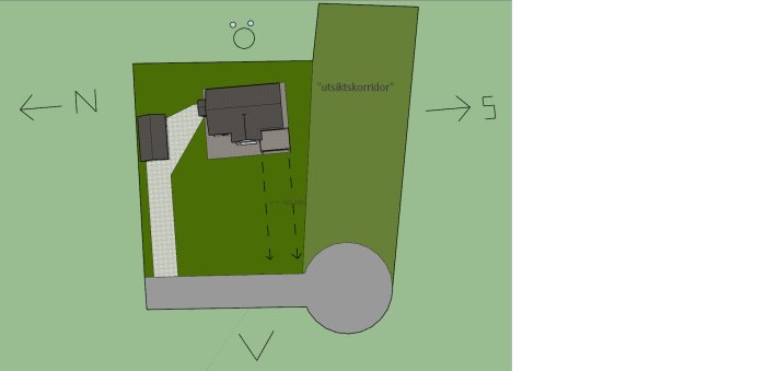 3D-skiss av hustomt med markerad "utsiktskorridor", vägar, och hus inklusive garaget.