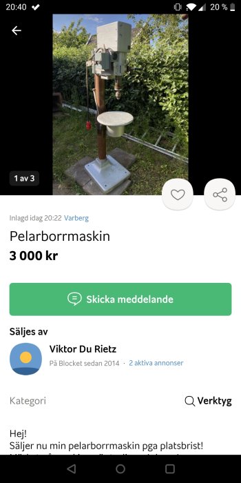 Pelarborrmaskin, möjligen av märket Arboga, utomhus utan synliga växlar.