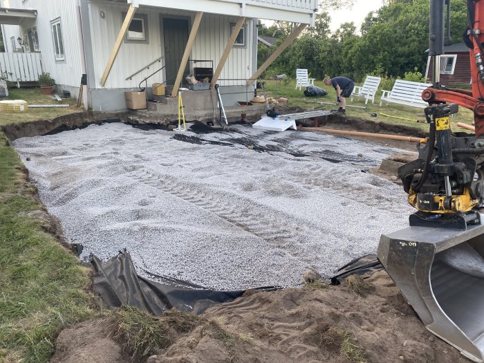 Grundarbete för hus med utlagd markduk och makadam, en grävmaskin, och person som arbetar i bakgrunden.