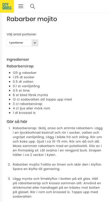 Skärmbild av ett recept för Rabarber mojito med ingredienser och tillagningsinstruktioner.