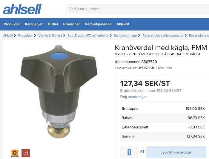 Kranöverdel med kägla på Ahlsells hemsida, prisangivelse 127,34 SEK exklusive moms.