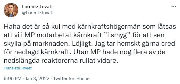 Skärmdump av ett Twitter-inlägg där en användare diskuterar kärnkraft och politik.