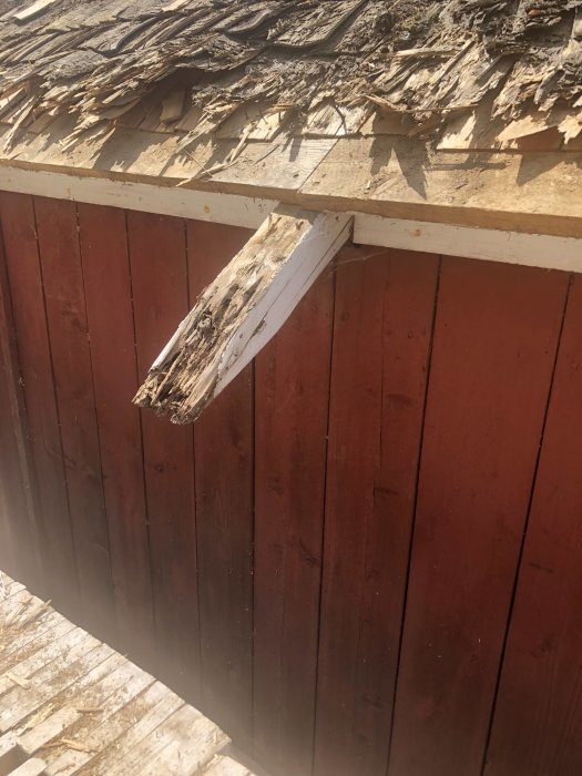Del av takstol med rötskador vid änden ovanför en röd husvägg under renovering.