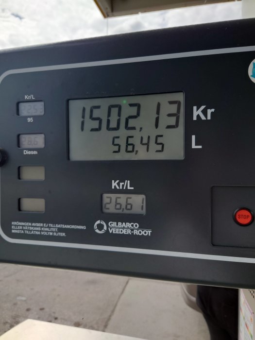 Bränslepumpsskärm som visar total kostnad på 1502,13 kr för 56,45 liter bränsle.