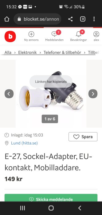 E-27 sockel till EU-kontakt adapter som visas i en online-försäljningsannons.