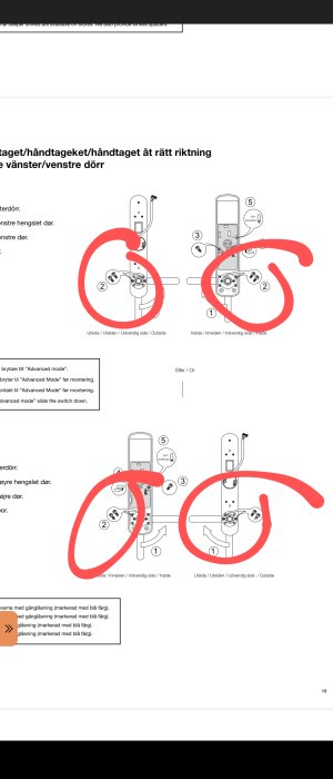 Instruktionsdiagram för montering av dörrhandtag med röda cirklar som markerar justeringspunkter.