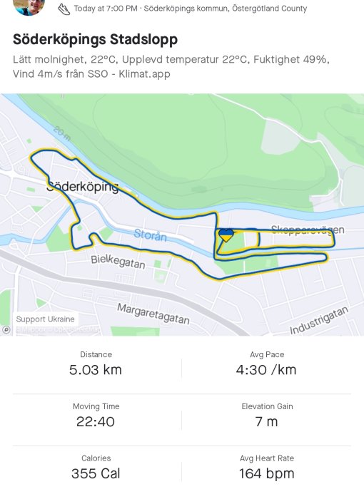 Spårningskarta för löpning visar en 5,03 km rutt i Söderköping med tid, tempo, höjdförändring och hjärtfrekvens.