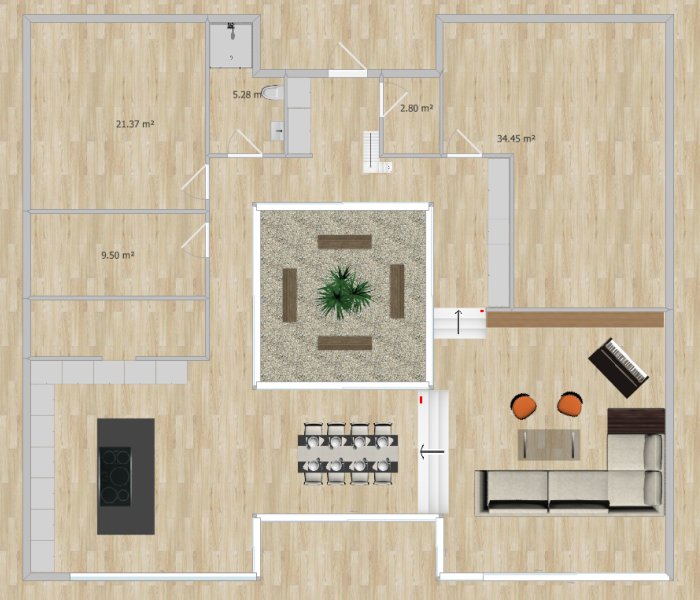 Planritning av ett 1,5-planshus med atrium, kök, vardagsrum och sovrum.