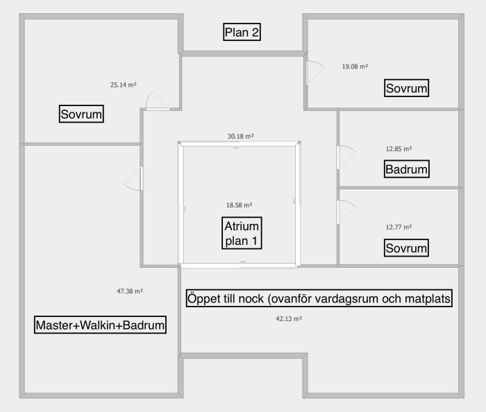 Ritning över ovanplan för ett 1,5-planshus med sovrum, badrum, och öppet till nock över vardagsrum och matplats.