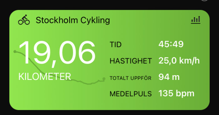 Cykeldator skärm med statistik för en cykeltur i Stockholm: 19,06 km, 45:49 tid, 25 km/h hastighet, 94 m uppför, 135 bpm puls.