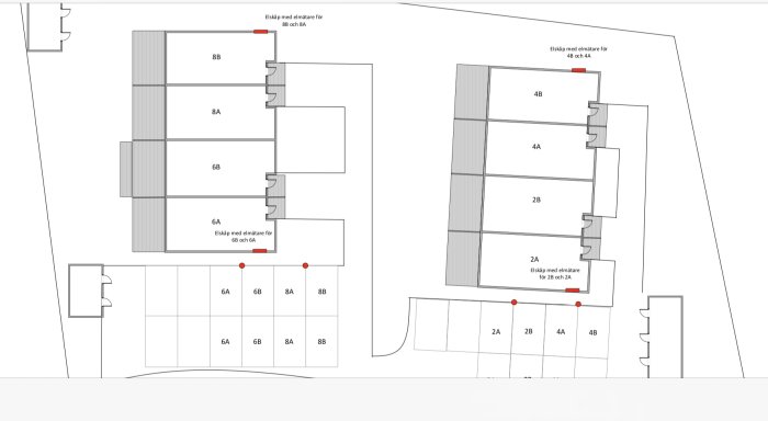 Planritning över radhus med markerade positioner för laddstolpar och elskåp.