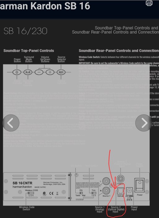 Handbokssida för Harman Kardon SB 16 med markering kring optisk digital ingång på baksidespanelen.