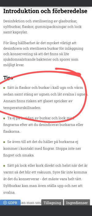 Textinnehåll med cirkelmarkerade instruktioner om sterilisering för glasburkar samt tips om temperaturskillnader.