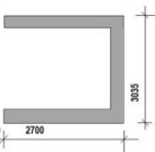 Schematisk ritning av byggprojekt med yttermått 3035 mm och inre mått 2700 mm.