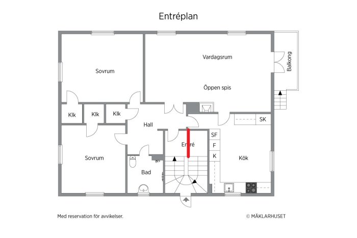 Ritning av entréplan med förslag på ny vägg och dörr i trapphuset för att påverka möbeltransport lite.