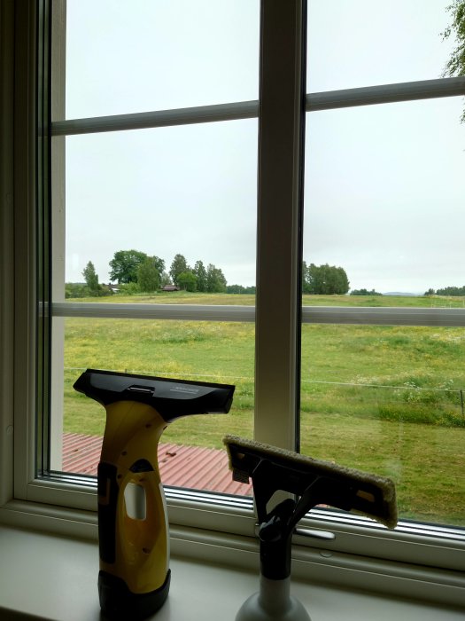 Fönstertvätt och sprayflaska på fönsterbräda framför nyligen rengjort fönster med utsikt över äng.