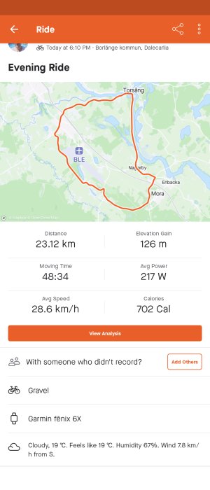 Cykelturdata på en karta visar rutt på 23.12 km med hastighet och kaloriförbrukning.