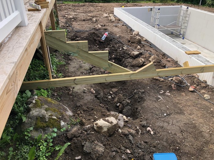 Byggprocess av en trappa nära en halvfärdig simbassäng, med kablar på marken och nyåterfylld jord runtomkring.