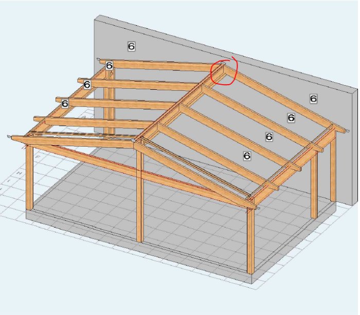 3D-ritning av ett uterums trästomme med markerad nockbalk vid fasaden.