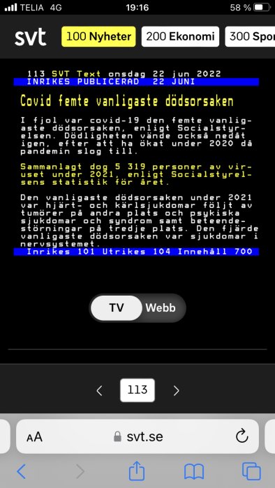 Skärmavbild av SVT Text-TV-sida om Covid-19 som femte vanligaste dödsorsaken 2021.