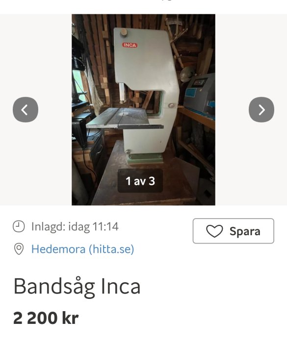 Inca bandsåg på 2200 kr i ett trångt Vedfyllt garage.