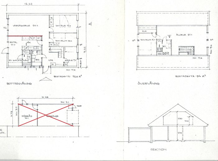 Floor plan with dimensions; a red line indicates the wall between the kitchen and living room planned for removal. Section and elevations shown.