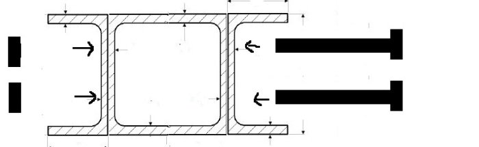 UPE-KKR-UPE rakennepiirros, jossa on sisennetty neliskanttinen profiili ja pitkät pultit.