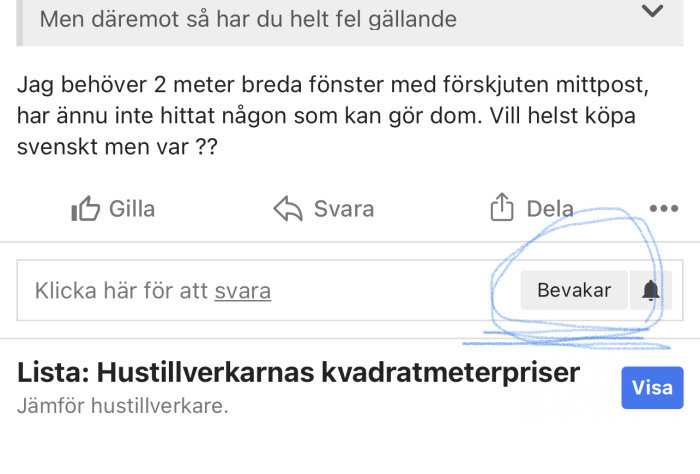 Skärmdump av ett foruminlägg med en markerad 'Bevakar'-knapp.